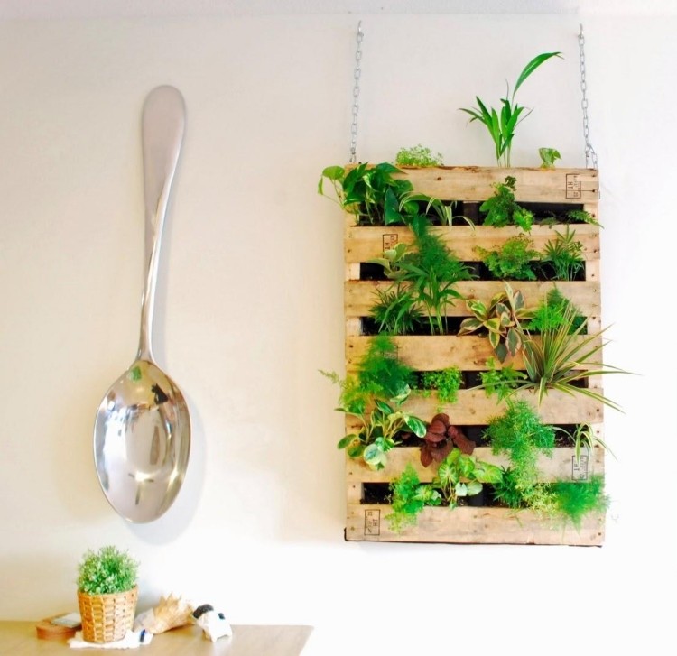 Postavte si pre svoj domov vlastnú vertikálnu záhradu s korením Vertikálna záhradná-europaleta-farba na stenu-biela-lyžica-obrovský-stôl-závesný