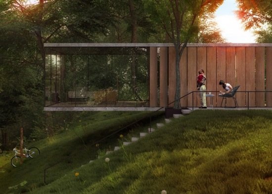 bočný pohľad schody miestnosť sklenený dom dizajn svah bočný pohľad na schody jednoizbový dizajn skleneného domu na svahu