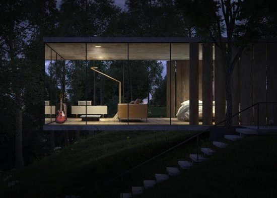 bočný pohľad večer jedna izba sklenený dom dizajn svah večerný pohľad zboku, dizajn jednej miestnosti, sklenený dom na svahu