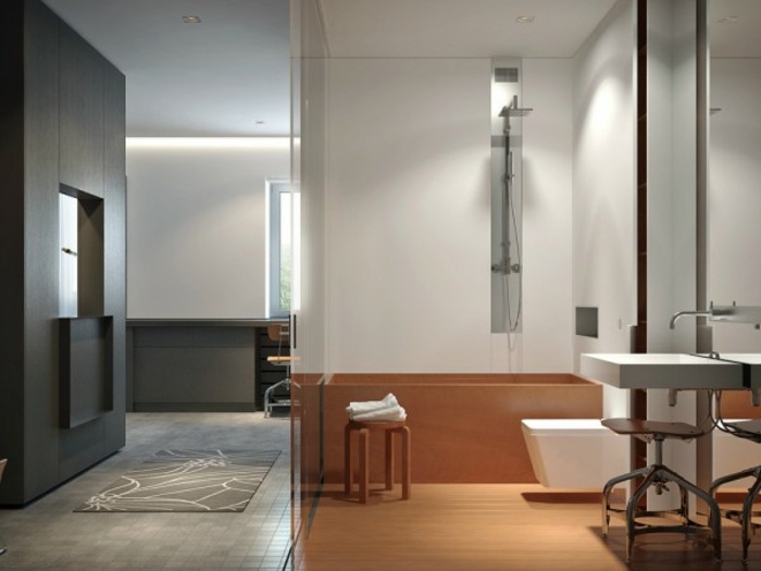 Biele svietidlá do kúpeľne s drevenou podlahou