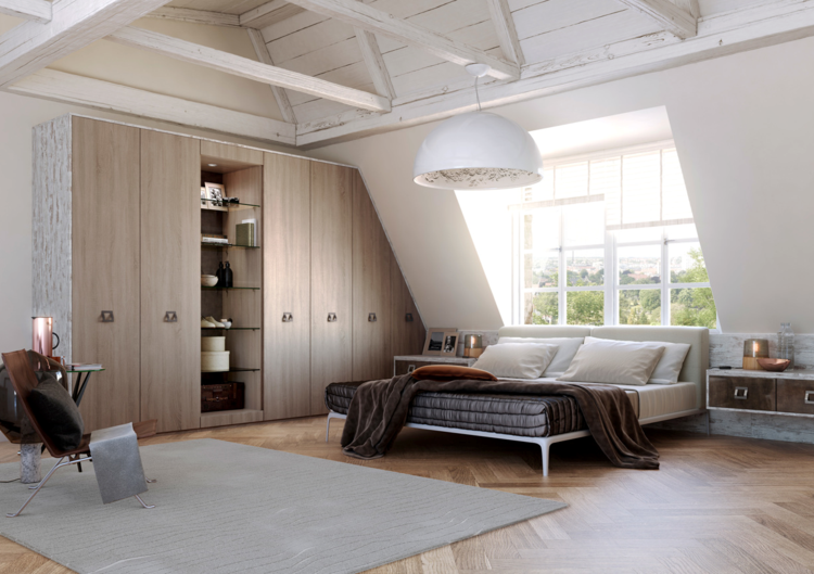 vstavaná skriňa šikmé parketové rybie kosti vzorové strešné nosníky