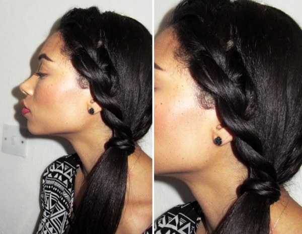 Bočný vrkoč je prerobený na chvost bočná ofina-updo-účes-čierne vlasy