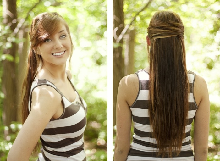 DIY účes pre ofinu - prekrížené pramene na zátylku DIY-účes-prekrížený prameň-na-zadnej-časti-hlavy-otvorené-vlasy