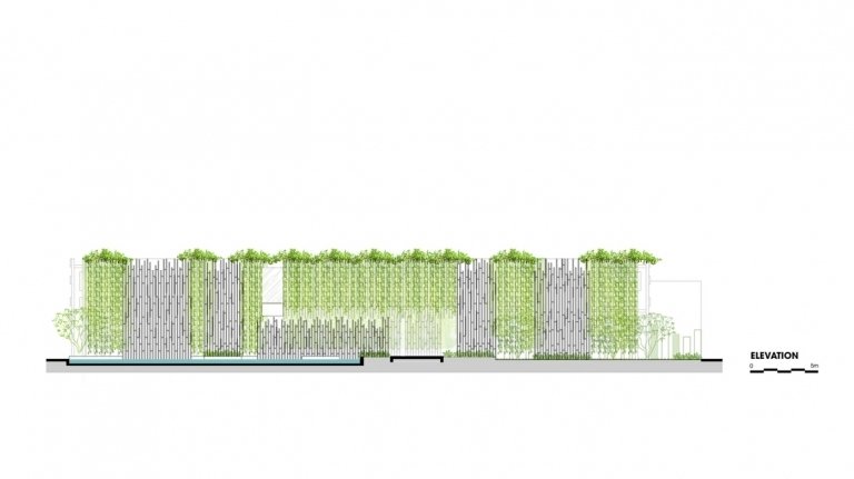 Budova wellness so zelenou fasádou a panelmi zboku