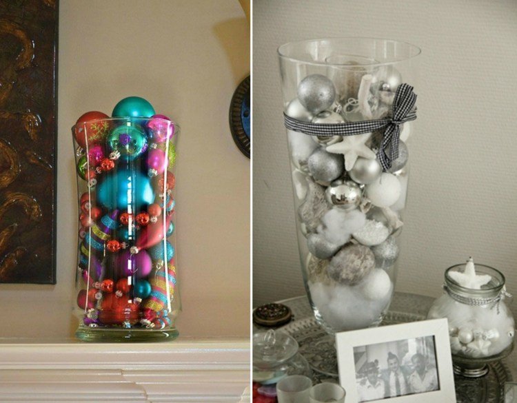 veľká sklenená váza na vianočné dekorácie ozdoby na vianočný stromček farebné strieborné jednoducho moderné