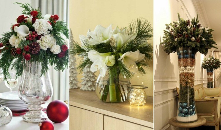 ozdobiť na Vianoce veľká sklenená váza aranžmán vyrobiť amarylisové kvety jedľové vetvy