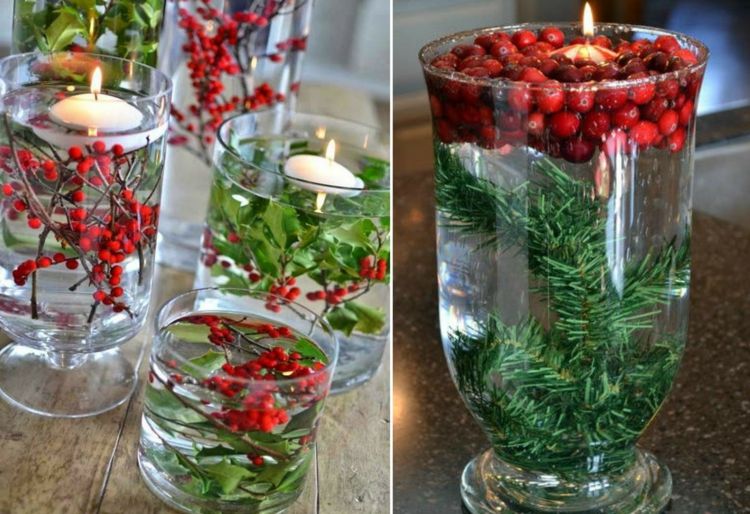 veľká sklenená váza na vianočné ozdoby vodné bobule moderné jedľové zelené imelo plávajúce sviečky