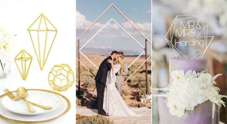 Kovová torta na svadbu zdobí geometrický svadobný obrad