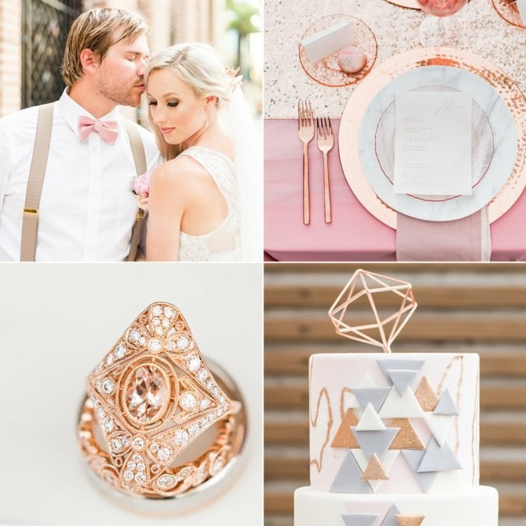 Svadba v ružovom zlate so zodpovedajúcimi šperkami, príborom a riadom