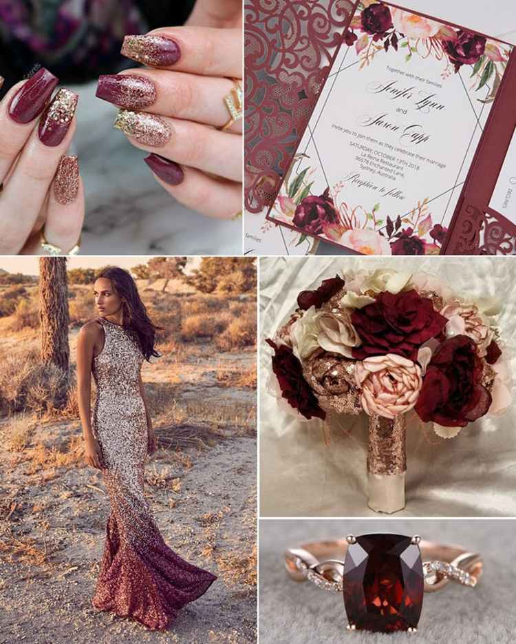 Ružové zlato a bordové sú pôsobivou farebnou kombináciou pre svadby