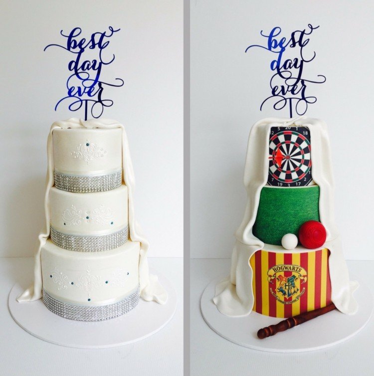 originálna motívová torta pre mužov na svadbu s dizajnom Harryho Pottera a šípkami