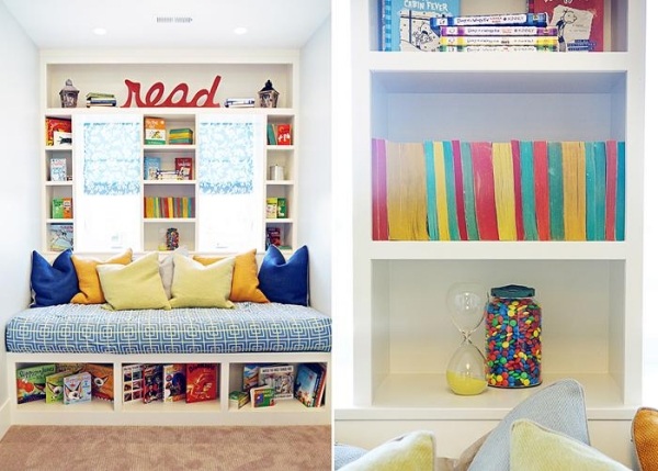 Čitateľský kútik deti nastavujú knižnice s lavicami pre Windows