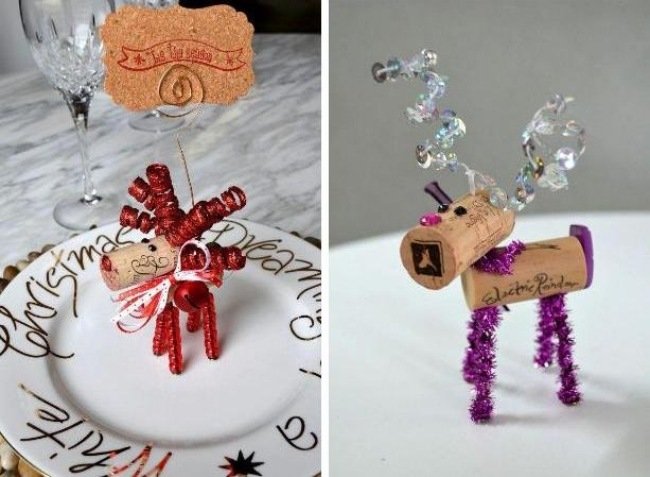 Dizajnová dekorácia stola sobov ako stojan na karty s miestom - nápady na ručné práce s deťmi dekorácia stolu-vianočné-miesto-stojan-na karty-korkové-uzávery-jelene-soby