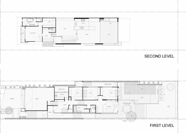 Samostatne stojaci dom na úzkom pozemku plánu prízemie druhé poschodie