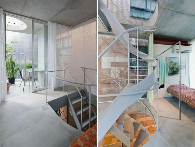 Točité schodisko dom betónové sklo nerez Kombinácia materiálov z nehrdzavejúcej ocele z betónového skla