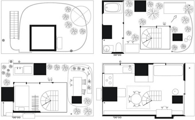 Distribúcia miestnosti záhradného domu v Tokiu Plán rozloženia miestnosti na štyri poschodia