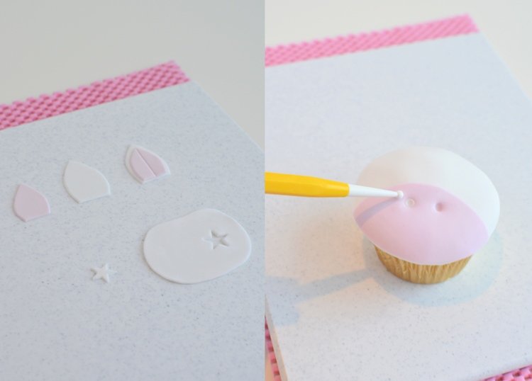 Muffiny z jednorožca vykrajujú uši z ružového fondánu