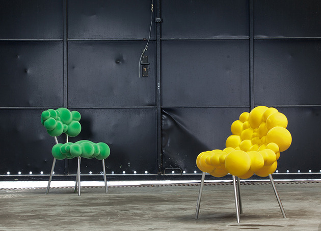 Dizajn stoličky Maarten-de Ceulaer-mutačné bunky-žlto-zeleno-kovový rám Poťahy stoličiek Maarten-de Ceulaer-bunky mutácie-žltý zeleno-kovový rám