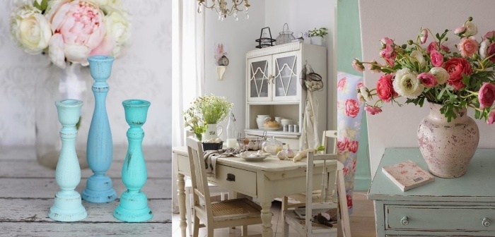 zodpovedajúce dekorácie pre ošarpané predmety z blšieho trhu, doplnky pre domácich majstrov, čerstvé kytice kvetov deco-nápady-ošarpaný-štýl-blší trh-diy-doplnky-stará-optika-vázy-svietniky