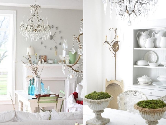 Zariaďte kuchyňu a jedáleň nostalgickými doplnkami - lustre v ošarpanom štýle obývačka-kuchyňa-jedáleň-nábytok-ošarpaný-štýl-deko-luster-sklenené kryštály