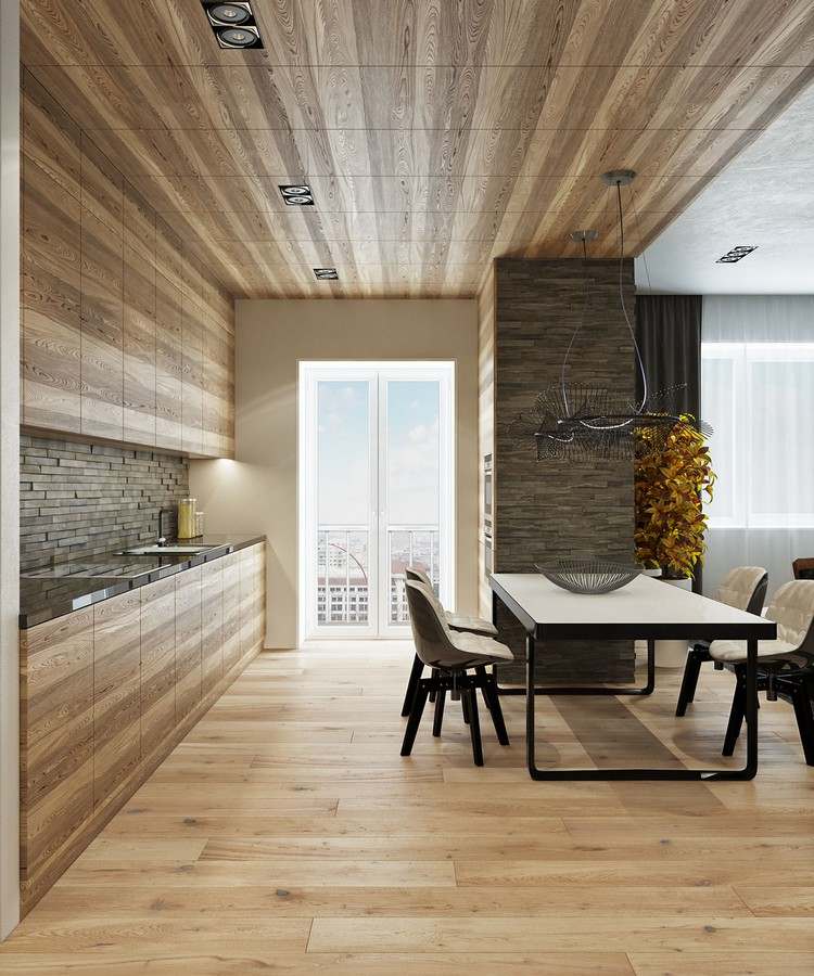 Strop, podlaha a kuchyňa z dreva a lícových tehál ako akcenty zariadenie-prírodné tóny-bývanie-nápady-drevo-kuchyňa-kameň-vzhľad-kachľová-zrkadlo-drevená podlaha