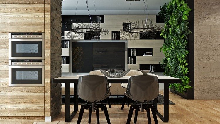 Jedáleň s výhľadom na nástennú jednotku v obývacej izbe zariadenie-prírodné tóny-bývanie-nápady-jedálenský kút-obývačka-drevo-čierna