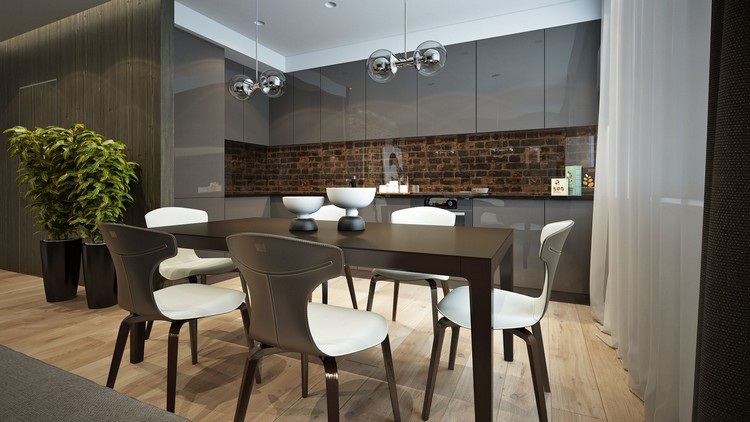 sivé kuchynské fronty vo vysokom lesku a ochrana proti striekajúcej vode v tehlovom vzhľade nábytok-prírodné-tóny-mestská-šedá-vysoký-lesklý-čelný-panel-kachľový-zrkadlo-sklo-tehlový vzhľad