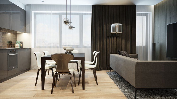 otvorený obývací priestor v šedej farbe s bielymi akcentmi zariadenie-prírodné-tóny-mestská-kuchyňa-jedálenská-sedačka-sivohnedá