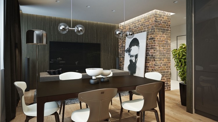 Obývačka v mestskom štýle - tmavé drevo a červené tehly nábytok-prírodné-tóny-mestská-obývačka-jedáleň-drevená stena-tehly-led-stropné osvetlenie