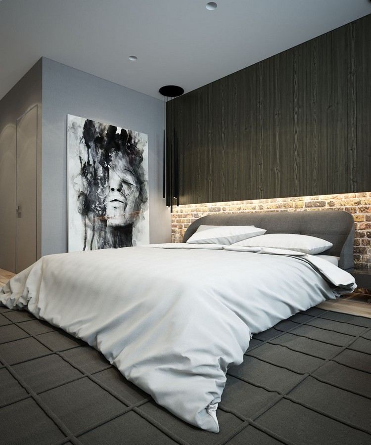 Spálňa v šedej farbe - rafinovaná nástenná maľba a LED nástenné osvetlenie nábytok-prírodné-tóny-mestská-spálňa-sivá-stena-farba-tmavé-tehly-drevo-nepriame-osvetlenie steny