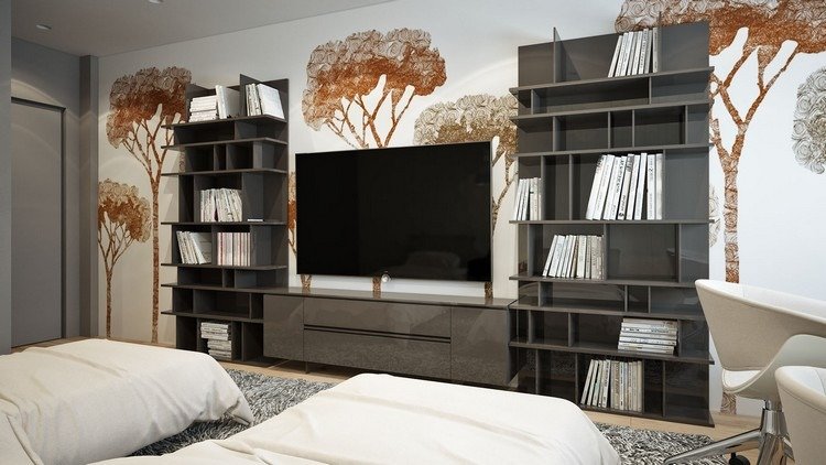 Nástenný dizajn v detskej izbe - tapeta s motívom stromčeka v oranžovej farbe zariadenie-prírodné-tóny-mestská-detská izba-stena-dizajn-motív stromu-policové-systémy-stena-tv