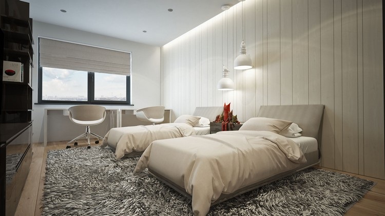 dve jednolôžka, biele tapety a sivý huňatý koberec zariadenie-prírodné-tóny-mestská-detská-izba-dve-jednolôžkové postele-sivé-huňaté-koberec-nepriame osvetlenie