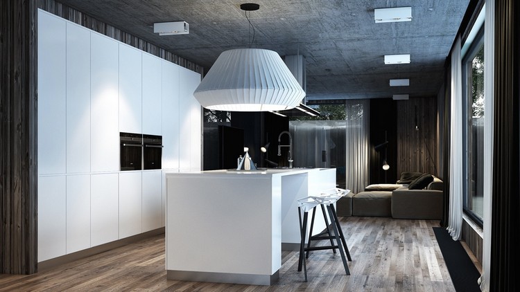 otvorený obývací priestor - biela matná kuchyňa s ostrovčekom zariadenie-prírodné-tóny-moderné-biele-obývacie-kuchyňa-ostrov-drevená podlaha