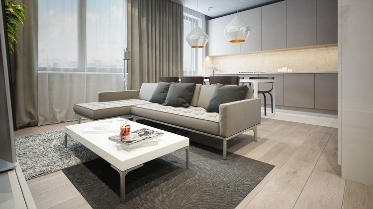 Prírodné tóny v obývacej izbe a v jedálni Zariadenie v prírodných tónoch svetlo sivej-obývacia izba-kuchyňa-svetlá-drevená podlaha