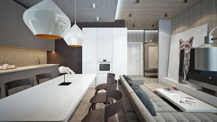 Šedá, hnedá a biela v otvorenom obývacom priestore Zariadenie v prírodných tónoch-svetlo sivobéžová-obývačka-kuchyňa-biele akcenty