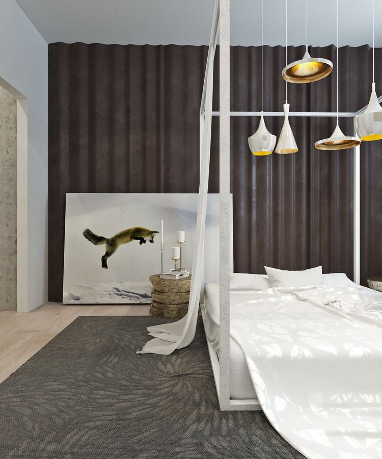 biela posteľ s baldachýnom a tmavé záclony a závesy nábytok-prírodné-tóny-svetlo-sivá-biela-spálňa-posteľ s baldachýnom-biele-závesné svetlá-tom-dixon