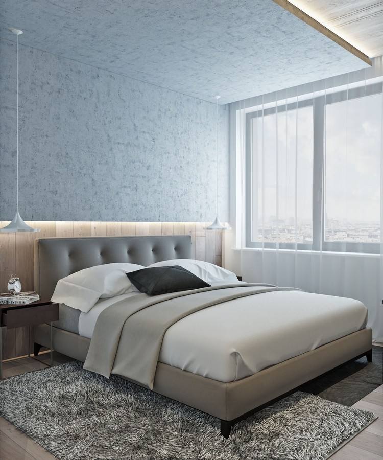 Nástenné panely s podsvietením a drevenými akcentmi Zariadenie v prírodných tónoch svetlo sivé stenové panely-LED-osvetlenie-čalúnená pohovka-drevená podlaha