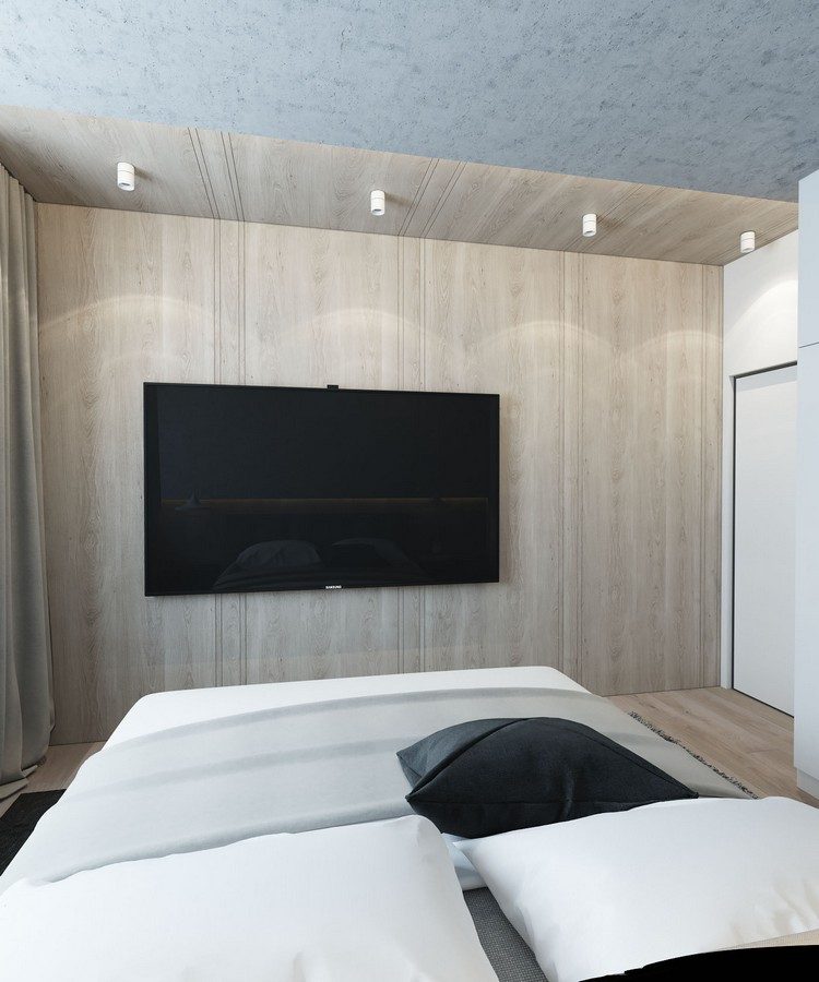 V spálni vyzerá podlahová krytina z dreva a stenové panely v dreve zostava-prírodné-tóny-svetlo-sivá-béžová-spálňová-nástenná-televízia