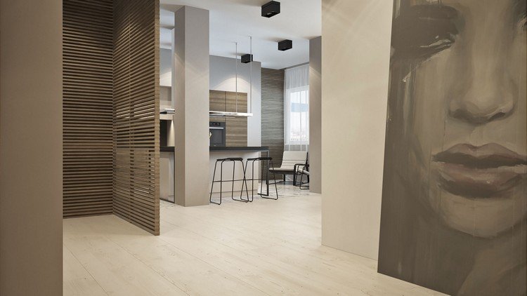 z haly prídete priamo do obývačky nábytok-prírodné-tóny-béžová-predsieň-kuchyňa-drevené čela-čierna-barová stolička