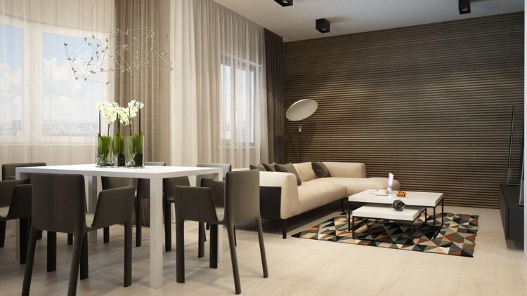 Moderná obývacia izba v hnedej a béžovej farbe Zariadenie v prírodných odtieňoch béžovo-hnedej-obývacia izba-jedálenský kút-moderné