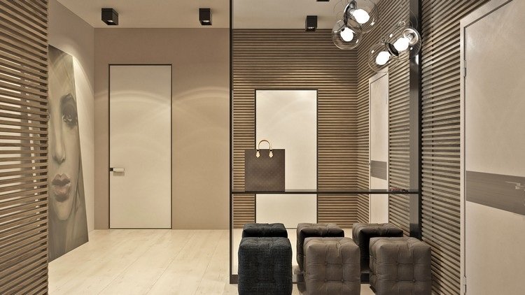 Zrkadlová stena na chodbe vytvára optický klam nábytok-prírodné-tóny-béžová-farba-na stenu-sála-zrkadlo-stena-optické-zväčšenie