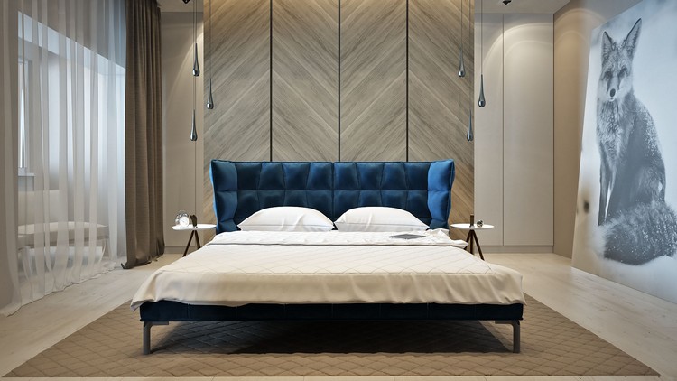 Posteľ umiestnená v strede spálne nábytok-prírodné tóny-béžová-spálňa-posteľ-vysoké čelo postele-závesné svetlá