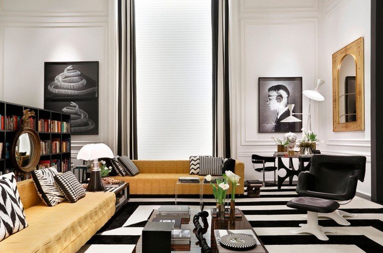 zariadenie-čierno-biela-obývačka-žlto-čalúnené sedacie súpravy