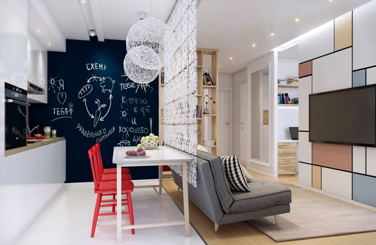 jedáleň malý nápad stôl biele stoličky losos tabuľa stena nápad