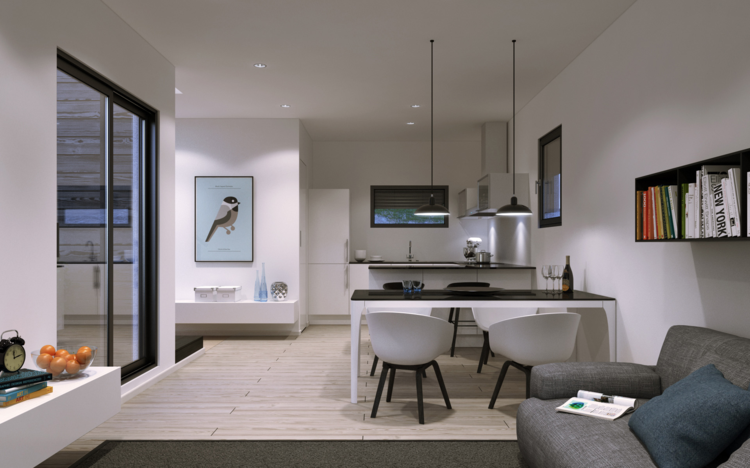 Nábytok do jedálne nápad sivá retro moderná závesná lampa gauč