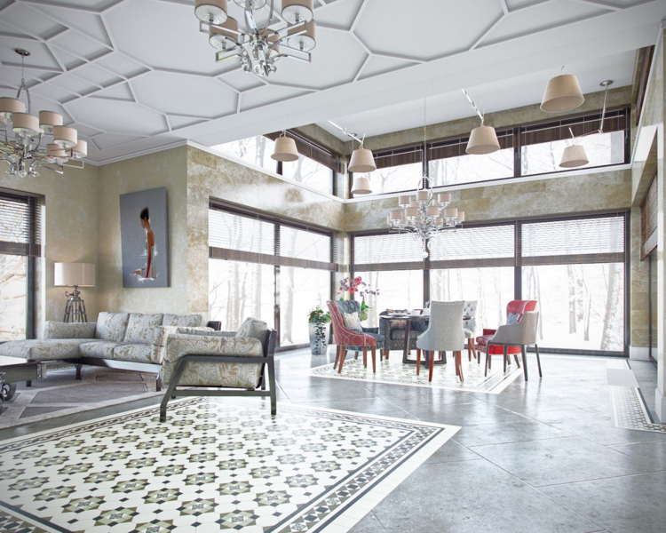 jedáleň stropný dizajn vinobranie jedálenský stôl nápad predné zariadenie okna