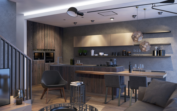 zariadenie v jedálni nápad nápad tmavosivý nábytok kuchynský ostrovček