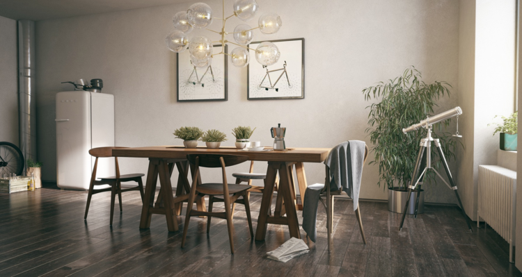 zariadenie jedálne drevo rustikálny dizajn parkety ďalekohľad chladnička retro