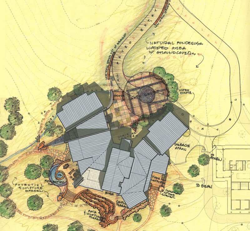 Plán výstavby moderného domu s nábytkom vo vidieckom štýle a záhradným dizajnom Establishment-garden design-country style-plan-view-above