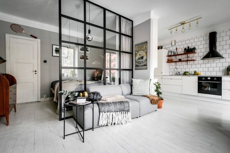 Zariadiť moderný nápad na štúdiový apartmán rozkladacia kuchyňa manželská posteľ